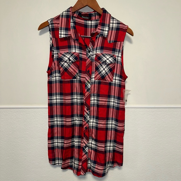 Pink USA New sleeveless button down collared plaid top Women’s Medium Red, Navy - Picture 1 of 7